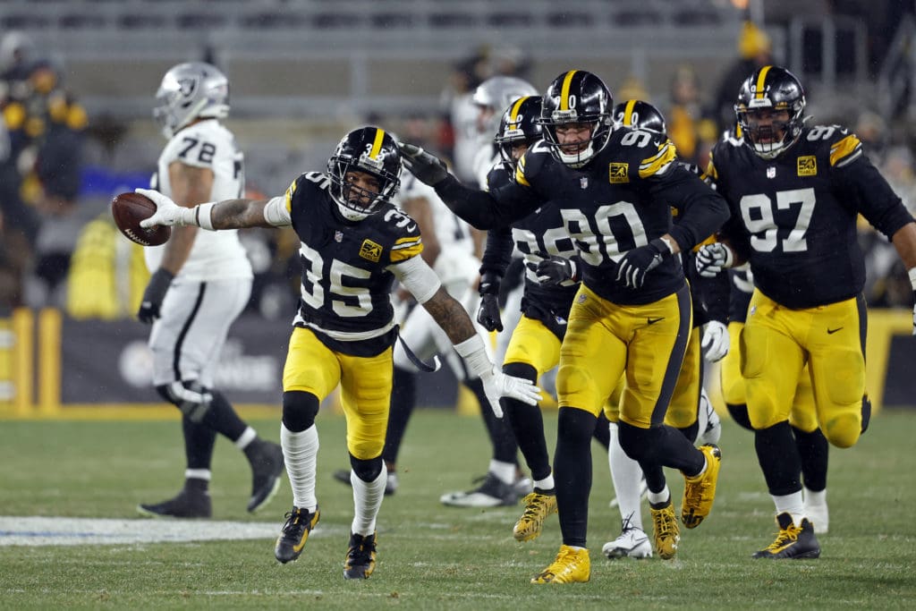 Pittsburgh Steelers cornerback Arthur Maulet (35) celebrates after a play during an NFL football game against the Las Vegas Raiders, Sunday, Dec. 24, 2022, in Pittsburgh. (AP Photo/Tyler Kaufman)