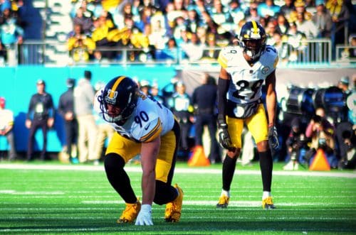 TJ Watt and Levi Wallace line up as the Steelers played against the Carolina Panthers on Sunday, Dec. 18, 2022 at Bank of America Stadium in Charlotte. (Mitchell Northam / Steelers Now)